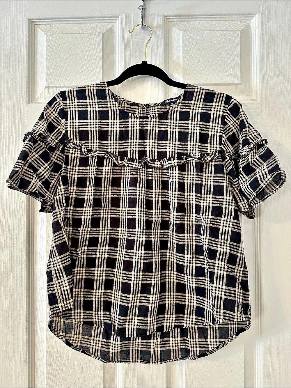 Madewell Ruffle-Yoke Top in Metallic Plaid Blouse Black & White Medium
